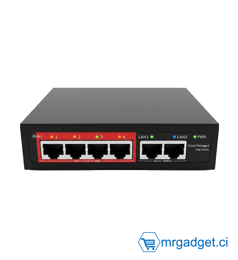 Switch - Switch Commutateur PoE+ 4 Ports PS204D Cloud Managed - 4x 10/100Mbps PoE + 2 Uplink RJ45 - Gestion à Distance via Cloud - Idéal Vidéosurveillance IP, Télétravail & Bornes Wi-Fi - Boîtier Métal Compact - Installation Plug & Play