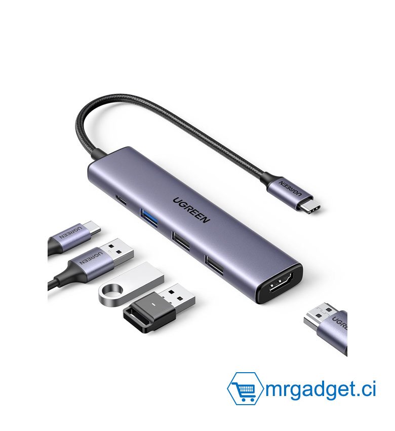 UGREEN CM478 15495 #10145 Hub USB-C Revodok 105 avec charge PD 100 W, adaptateur Type C vers HDMI 4K30 Hz, 3 ports de données USB-A, adaptateur multiport Hub USB C pour MacBook Pro/Air, iPad Pro/Air, iPhone 15 Pro/Pro Max, HP, Dell