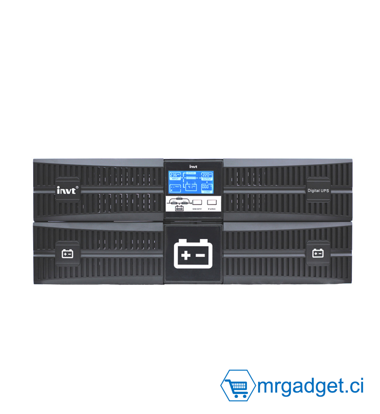 Onduleur On-line Double Conversion INVT HR1110XS 6kVA / 6kW - Format Rack - Monophasé - Facteur de Puissance PF=1.0 - Batteries Incluses (16x 12V/9Ah) - Protection Serveurs & Data Center - Écran LCD - Autonomie Optimisée