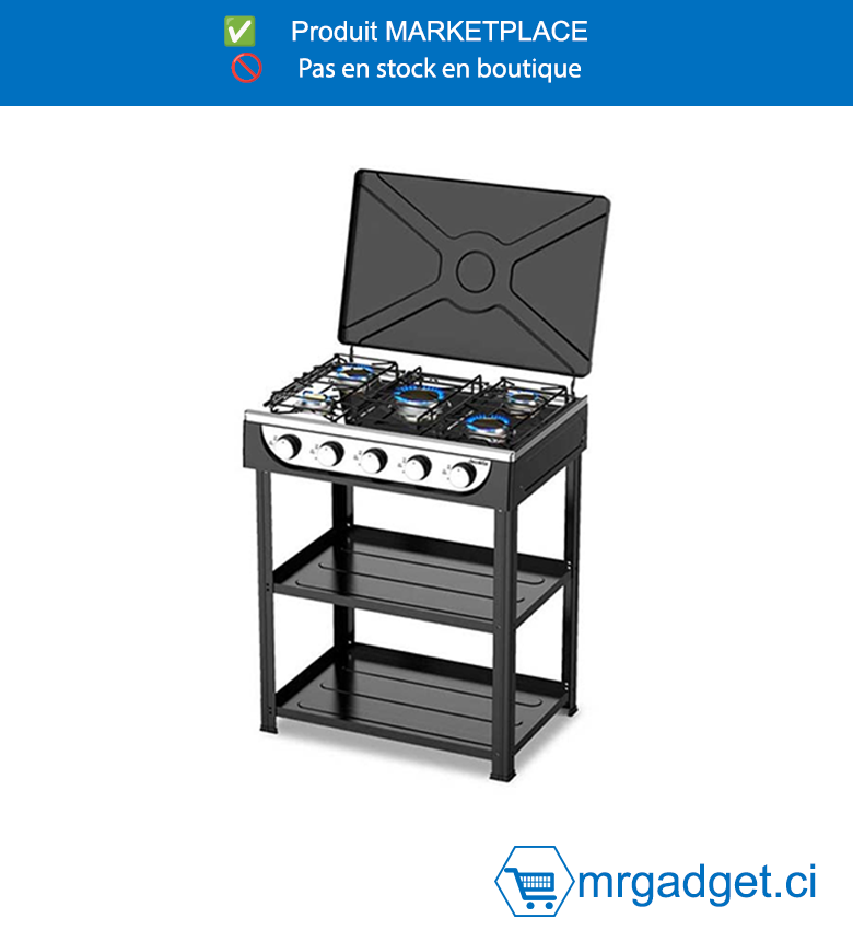 DECAKILA  CUISINIERE A GAZ - KMGS019B - Tuyau de gaz avec connecteur en forme de L  Avec étagère  Panneau en acier inoxydable Couvercle en tôle  de fer pulvérisé Avec 5 sièges en aluminium