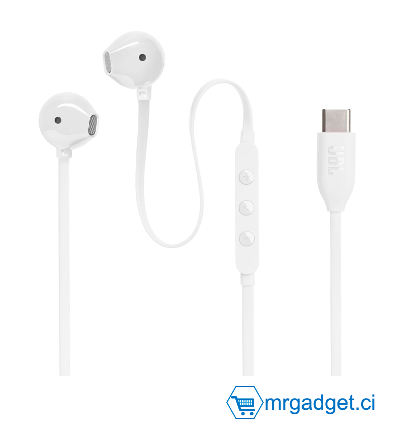 JBL Tune 305C Écouteurs filaires haute résolution  avec microphone et USB-C, câble plat anti-enchevêtrement, télécommande à 3 boutons, contrôle des préréglages de l'égaliseur et réglage du volume, Blanc