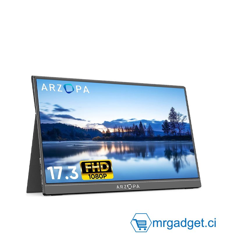 ARZOPA 17.3" Ecran Portable, 1080 FHD Moniteur Portable, 100% SRGB IPS avec HDMI/Type-C/USB-C pour Ordinateur portable/PC/Mac/PS4/PS5/Xbox/téléphone/Switch