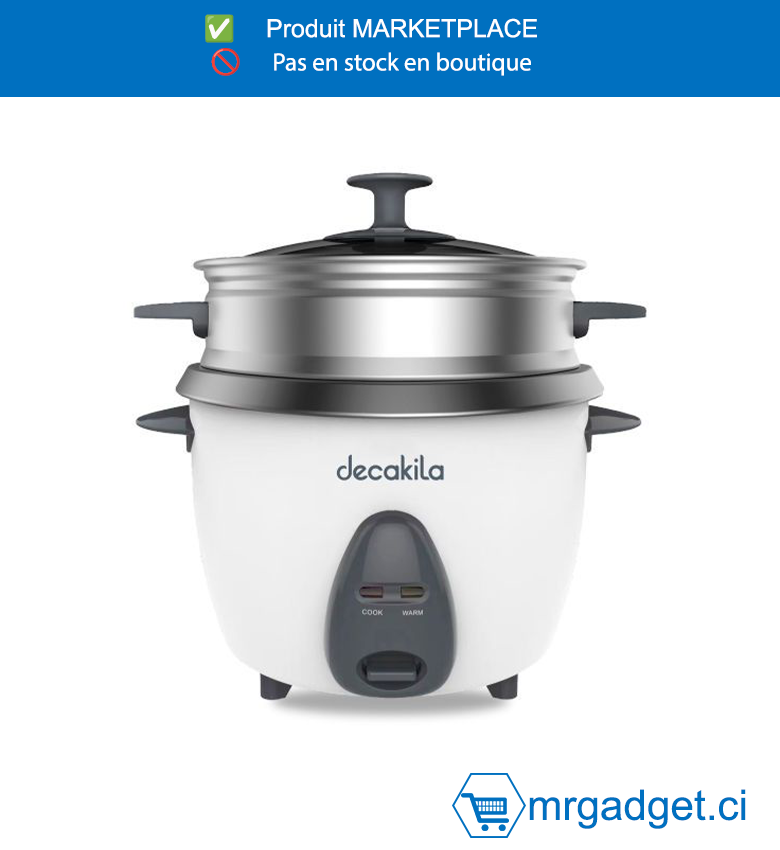 DECAKILA- CUISEUR DE RIZ KEER033W - 1,5L (8 tasses)  Tension : 220-240V 50-60Hz - 500W  Avec un revêtement antiadhésif d'un côté  Avec 1 cuillère  Avec 1 gobelet gradué  Avec 1 panier à vapeur en aluminium  Emballé dans une boîte de couleur