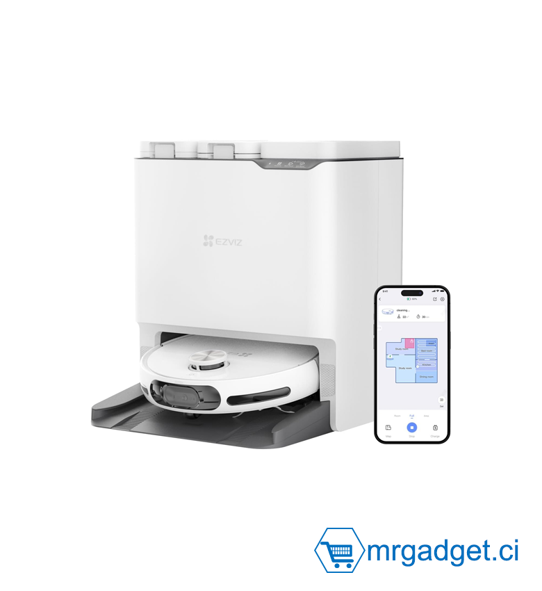 Robot Aspirateur Laveur EZVIZ RS20 Max - Station Auto-Nettoyante Tout-en-Un (Lavage & Séchage à l'Eau Chaude) - Robot Intelligent Navigation Lidar IA, Coupe-Cheveux Automatique & Caméra - CS-RS20-MAX-TGA2 - Idéal Poils d'Animaux & Tapis