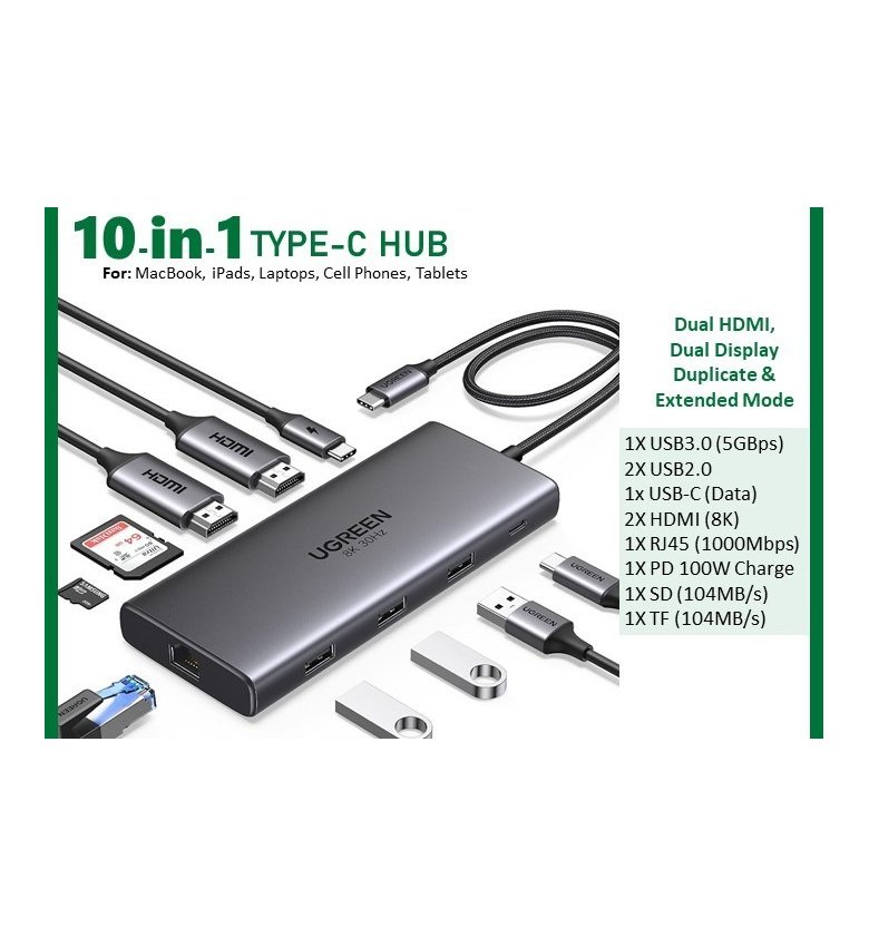 HUB 10 en 1 -  Adaptateur USB-C (Type C) vers USB 2.0 x 2, USB 3.0 x 1, USB-C x 1, USB-C Charge 100W, HDMI 1 8K 30Hz, HDMI 2 4K 60hz, Lecteur SD / Micro SD, RJ45 Gigabit - Repartiteur , Switch HDMI UGREEN CM639 15534 #10156 -