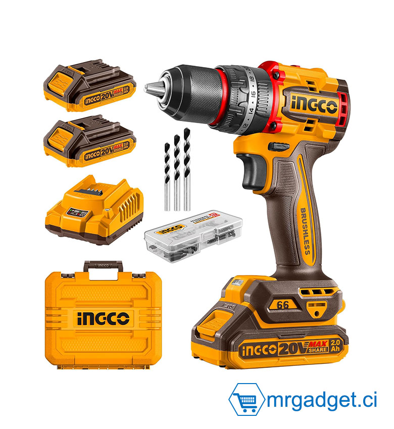 INGCO CIDLI20668 - Perceuse à Percussion Sans Fil 20V - Couple Puissant 66Nm - Mandrin Métal 13mm - Pack Complet avec 2 Batteries 2Ah, Chargeur Rapide et Accessoires - Idéal Perçage Béton, Brique et Vissage