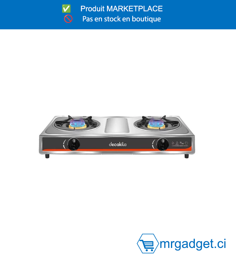 DECAKILA GAZINIERE & CUISINIERE A TABLE - KMGS013M -  Brûleurs doubles Puissance calorifique : 3,2 kW + 3,2 kW Brûleur de ruche à chauffage uniforme Tuyau de gaz avec connecteur en forme de L Allumage automatique Panneau en acier inoxydable - 2 supports