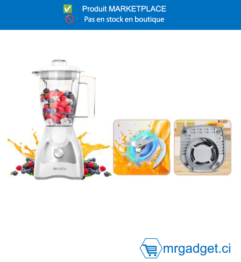 DECAKILA- KEJB043W-MIXEUR 1,5L/ 500W, ames en acier inoxydable  Commande à 2 vitesses avec moteur à fil de  cuivre à impulsion  Conception de pieds antidérapants Pichet en  plastique 1 pièces Emballé par boîte de couleur