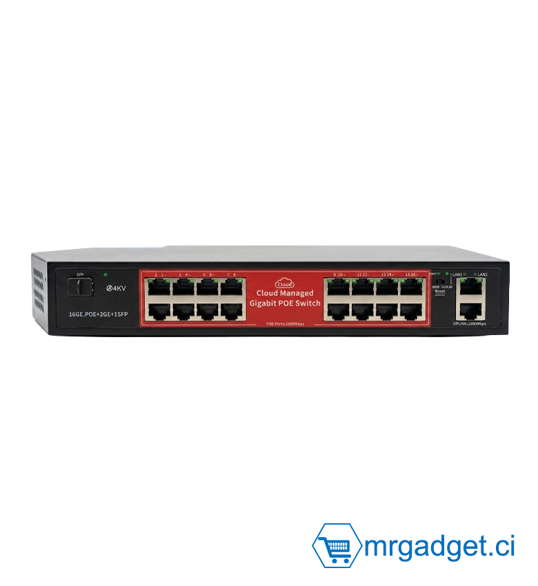Switch - Commutateur PoE+ 16 Ports Full Gigabit GPS316 - Cloud Managed - 16x 1000Mbps PoE + 2 Uplink Gigabit + 1 Port SFP Fibre - Puissance 240W - Idéal Vidéosurveillance 4K &  Haute Performance - Rackable 19" - Boîtier Métal Professionnel