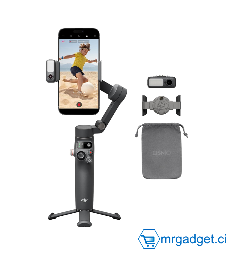 DJI Osmo Mobile 7P pour iPhone, Stabilisateur Nacelle, Android, Suivi natif, Éclairage, Nacelle pour téléphone à 3 axes, Lancement rapide, Édition en un seul clic,Barre d’extension et trépied intégrés (Noir)