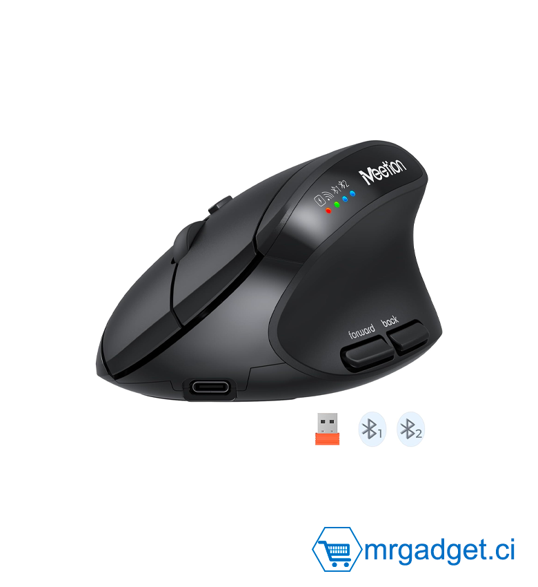 MEETION BTM008 - Souris verticale - Souris Ergonomique, Souris sans Fil, Souris Verticale Rechargeable Bluetooth, 4 DPI 800-2400, Souris Bluetooth 5.2+5.2+USB pour Windows/Mac, pour Ordinateur Portable/PC/Bureau Noir