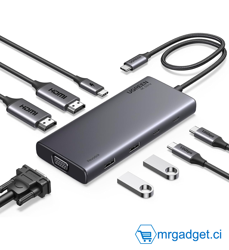 Station d'accueil USB C 4K 8 en 1 UGREEN, double écran, triple écran, hub USB C avec 2 ports HDMI, VGA, 2 ports USB A&C 3.2, 100 W PD, station d'accueil USB C compatible pour MacBook, Dell, HP, Lenovo, Surface, etc. #10142