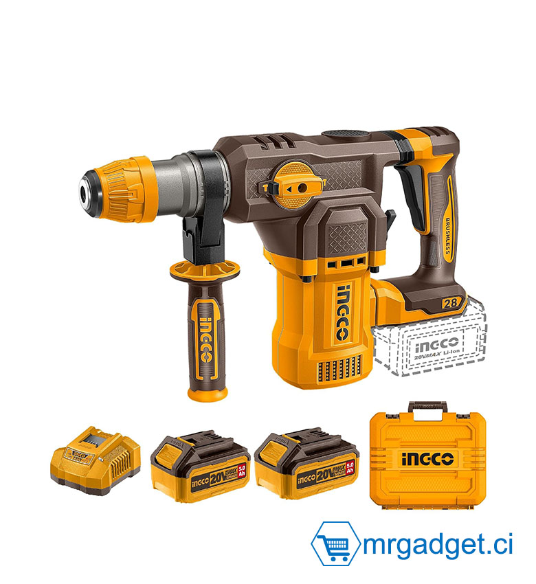 INGCO CRHLI202862 - Marteau Perforateur Burineur Sans Fil 20V - Emmanchement SDS Plus - Capacité Béton 28mm - Pack Pro avec 2 Batteries Haute Capacité 5Ah, Chargeur et Coffret - Idéal Perçage Intensif et Burinage