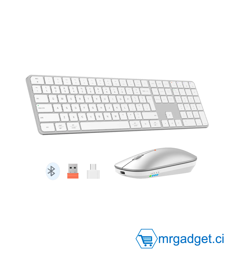 Meetion C230MW Combo Clavier et souris ultra fin - Sans fil double connectivité (Dongle USB 2.4 Ghz et Bluetooth) - Blanc - AZERTY