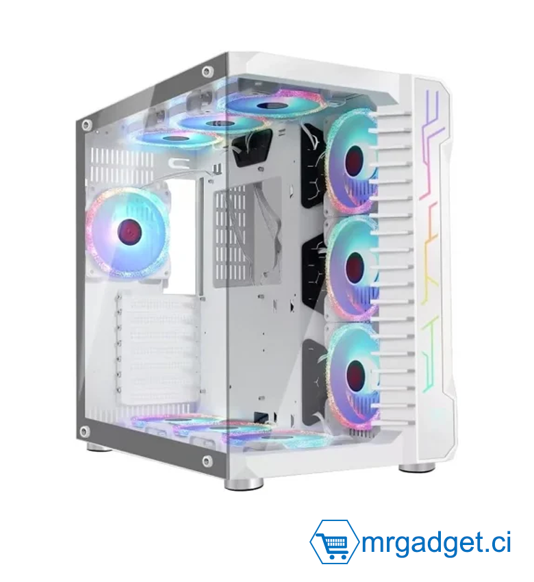 Boitier Gaming  GameKM CA-025 Blanc - Vue Panoramique 270° Verre Trempé - Format ATX/Micro-ATX - Support Watercooling 360mm - Éclairage ARGB & USB 3.0 - Châssis Acier Allié Haute Qualité -Sans ventirad - Blanc