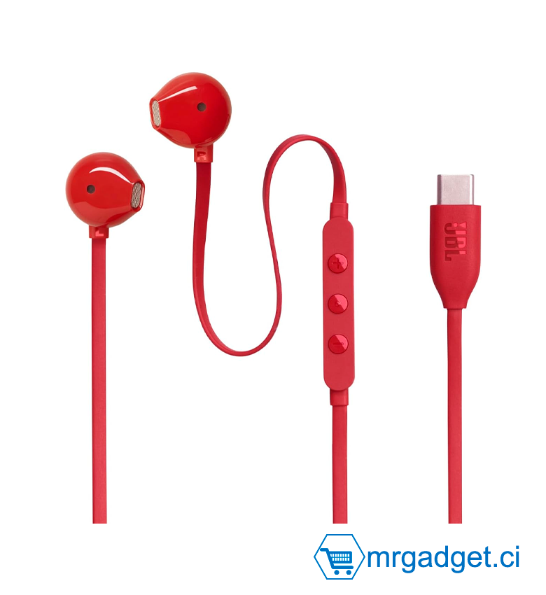 JBL Tune 305C Écouteurs filaires haute résolution  avec microphone et USB-C, câble plat anti-enchevêtrement, télécommande à 3 boutons, contrôle des préréglages de l'égaliseur et réglage du volume, Rouge