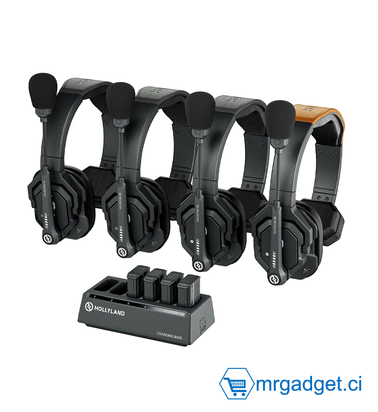 Hollyland Solidcom SE 4S – Système Intercom Sans Fil Full Duplex 4 Casques, Portée 350 m, Réduction de Bruit ENC, Communication 2,4 GHz, Batterie Longue Durée pour Tournage Vidéo, Événementiel et Production