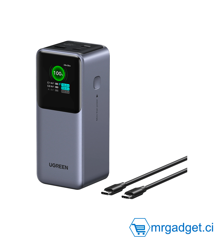 Powerbank - Batterie Externe -  20000mAh   - USB C 100W max en 1 port -  3 Ports Charge Rapide Total 130W -  PD 3.0 Écran TFT Compatible  Smartphone (Android, iPhone...) Tablette, Ordinateur - UGREEN PB721 35524B #10179
