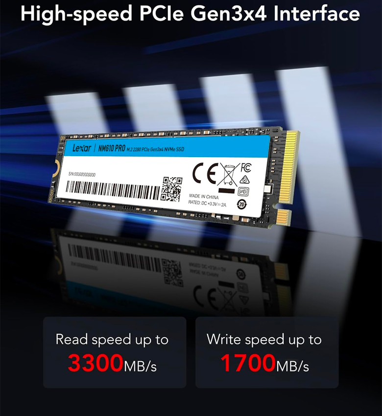 Lexar NM610 PRO 500Go SSD, M.2 2280 PCIe Gen3x4 NVMe 1.4 SSD Interne, Jusqu'à 3300 Mo/s en Lecture, 1700 Mo/s en écriture, 3D NAND Flash Disques SSD Interne pour Notebook, Desktop, PC