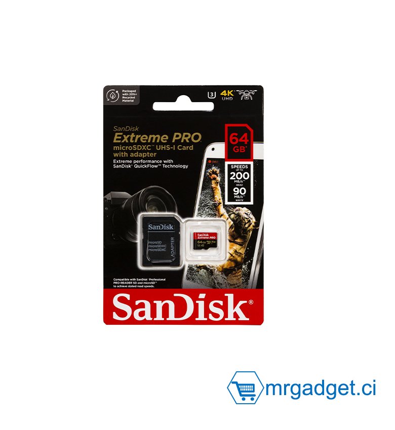 Carte Mémoire microSDXC SanDisk Extreme PRO 64 Go + Adaptateur SD avec Performances Applicatives A2 jusqu'à 200 Mo/s, Classe 10, U3, V30