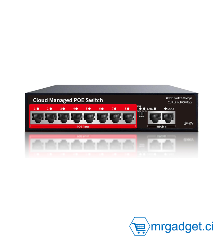 Switch - Switch Commutateur PoE+ 8 Ports PS208G - Cloud Managed (Gérable via App) - 8x 10/100Mbps PoE + 2 Uplink Gigabit 1000Mbps - Puissance 120W - Idéal pour Vidéosurveillance IP, Bornes Wi-Fi & Bureaux - Installation Plug & Play - Boîtier Métal