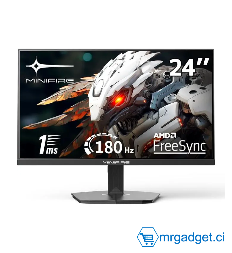 Écran PC gaming Minifire 24 pouces, 180 Hz, 1 ms, AdaptiveSync, moniteur VA, Full HD, 110 % sRGB, 1 port HDMI 1.4/1 port DP 1.2, BluelightShield, cadre ultra-fin, inclinaison réglable (câble HDMI MFG24F4 inclus)