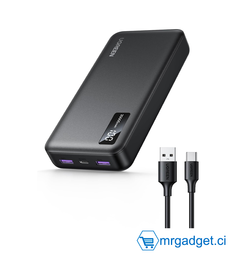Powerbank - Batterie Externe, 20 000 mAh, 22,5 W, chargeur portable USB-C entrée/sortie, PD 3.0, recharge rapide, avec écran numérique, pour iPhone 16/15/14/13, Galaxy S24/S23, Pixel 8, iPad, LG, etc. Noir - UGREEN PB312 25683  #10183