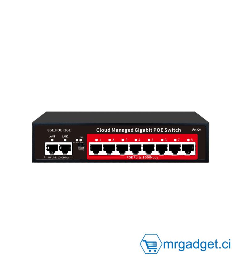 Switch - Commutateur PoE+ 8 Ports Full Gigabit GPS208 - Cloud Managed - 8x 1000Mbps PoE + 2 Uplink Gigabit - Puissance 120W - Standard IEEE 802.3af/at - Idéal Vidéosurveillance 4K & Streaming - Boîtier Métal Robuste - Plug & Play