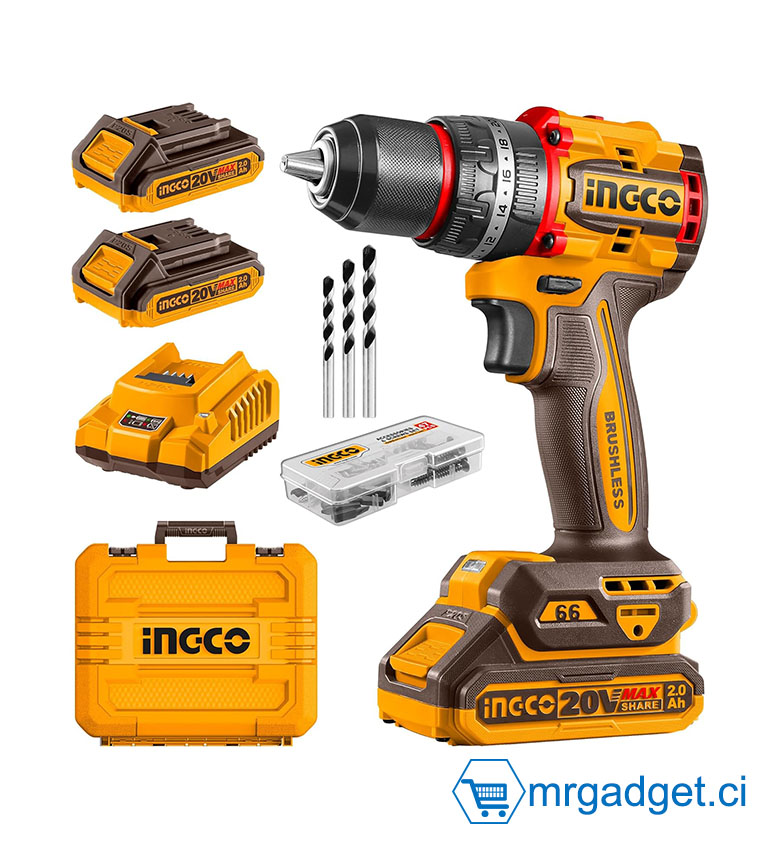 INGCO CDLI20668 - Perceuse-Visseuse Sans Fil 20V - Couple Puissant 66Nm - Mandrin Métal 13mm - Coffret Complet avec 2 Batteries 2Ah, Chargeur Rapide et Accessoires - Idéal Perçage et Vissage Professionnel