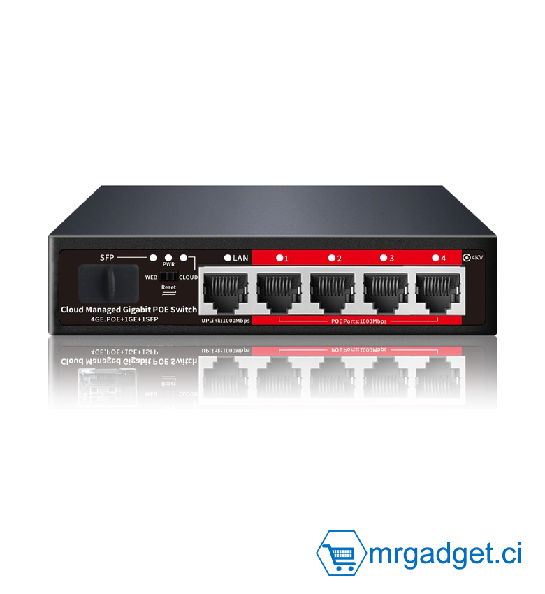 Switch - Switch Commutateur PoE+ 4 Ports Full Gigabit GPS204 - Cloud Managed - 4x 1000Mbps PoE + 1 Uplink Gigabit + 1 SFP - Puissance 52W - Idéal Vidéosurveillance 4K & Réseaux Fibre - Boîtier Métal Robuste - Installation Professionnelle