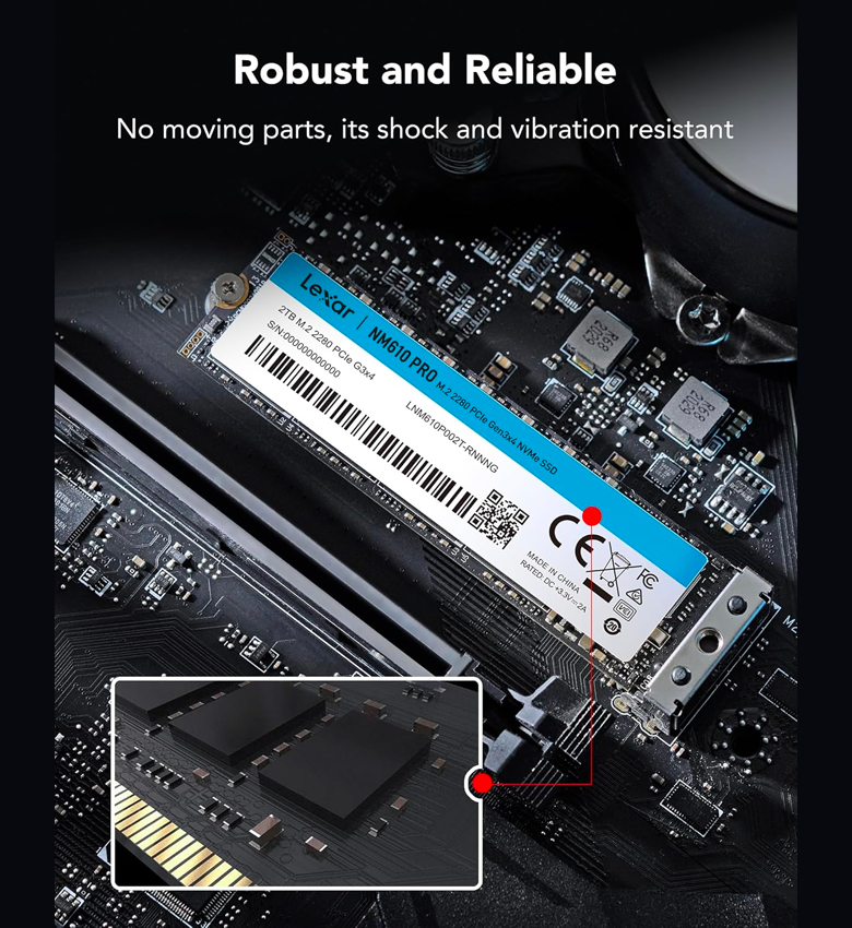 Lexar NM610 PRO 500Go SSD, M.2 2280 PCIe Gen3x4 NVMe 1.4 SSD Interne, Jusqu'à 3300 Mo/s en Lecture, 1700 Mo/s en écriture, 3D NAND Flash Disques SSD Interne pour Notebook, Desktop, PC