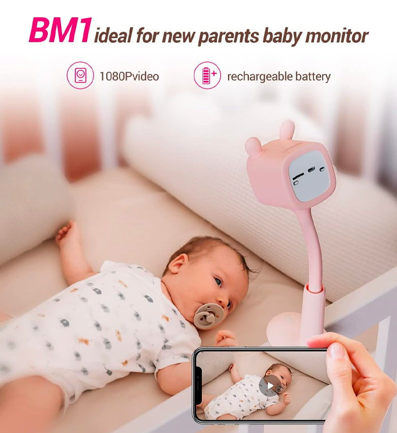 EZVIZ BM1 Babyphone Camera sur Batterie 2000mAh, Camera Bebe avec Détection de Pleurs/Movement de Bébé, Lecture Automatique de Musique Apaisante, Vision Nocturne sans Lumière Rouge Visible, Rose