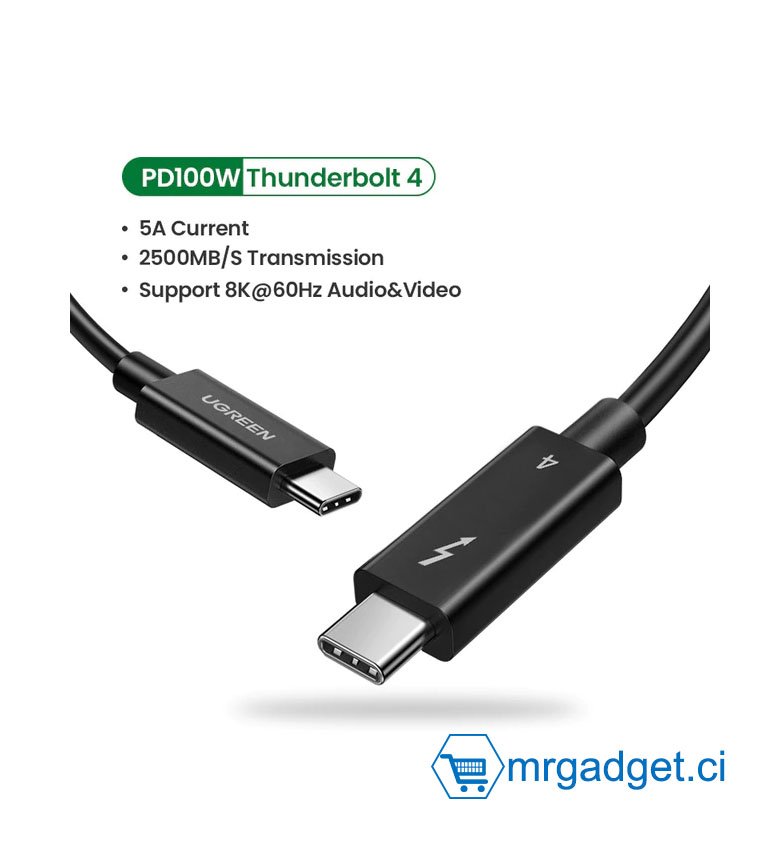 Câble 40Gbps USB-C vers USB-C  Gen3 100W  Thunderbolt 4 - Transmission  8K   - longueur  80cm - UGREEN30389 #10043