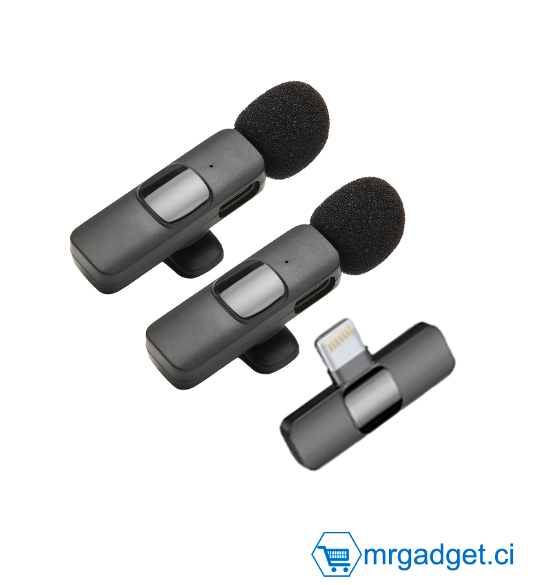 Micro-Cravate sans Fil, K9 Iphone Lightning Mini Micro-Cravate Plug Play Mic sans Fil 6-10h Autonomie en Veille 1 pour 2 Micro-Cravate pour Téléphone et Tablette Iphone Lightning  Vlog Enregistrement Vidéo