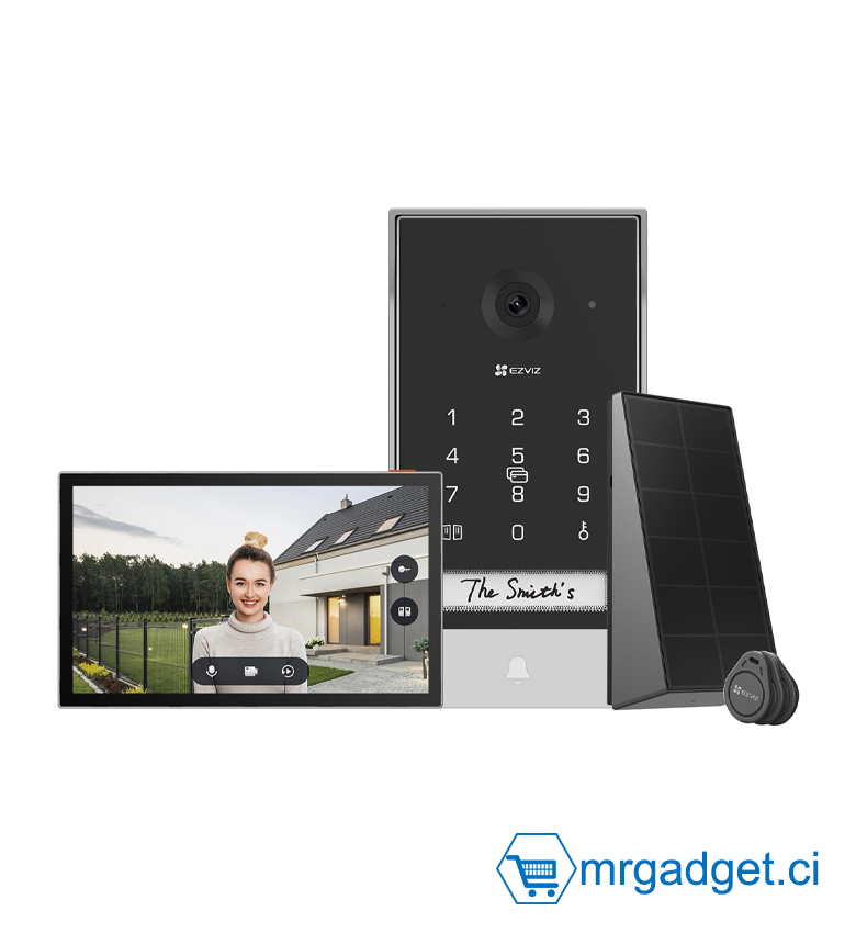 Interphone Vidéo Connecté EZVIZ EP7 2K (3MP) - Écran Tactile 7" Wi-Fi - Clavier à Codes & Lecteur RFID Intégrés - Déverrouillage à Distance via App - Alimentation Solaire ou Filaire - Détection Humaine IA - Kit Visiophone Maison Connectée - Noir