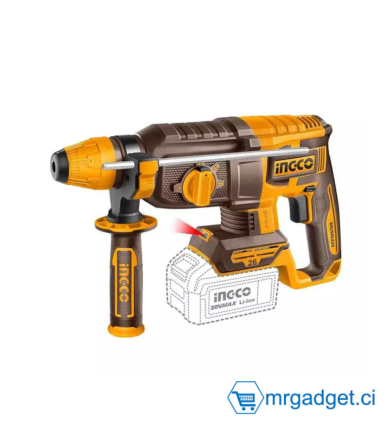INGCO CRHLI262085 - Marteau Perforateur Sans Fil 20V - Moteur Brushless - Emmanchement SDS Plus - Capacité Béton 26mm - Pack Complet avec 2 Batteries 4Ah, Chargeur et Coffret - Idéal Perçage Moyen, Burinage et Maçonnerie