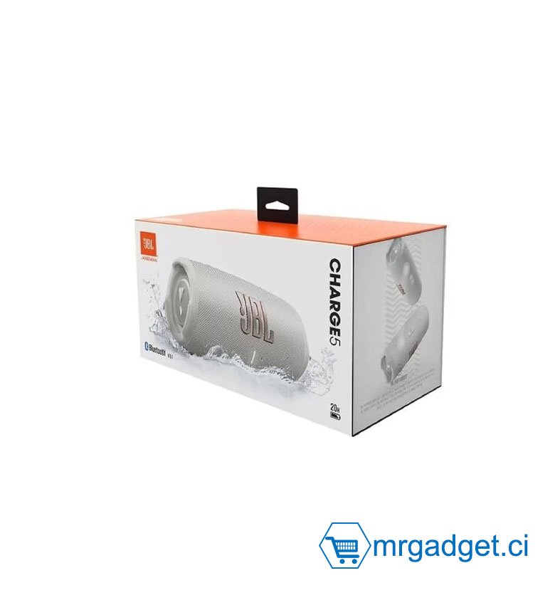 JBL Charge 5 – Enceinte portable Bluetooth avec chargeur intégré – Son puissant et basses profondes – Autonomie de 20 hrs – Etanche à l’eau et à la poussière – BLANC (White)