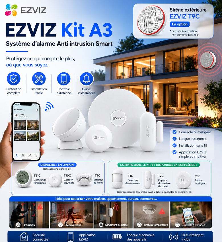 Kit Alarme Sans Fil EZVIZ CS-Tx/A3 - Système d'Alarme Connecté Maison - Hub Central Intelligent, Détecteur de Mouvement PIR, Capteur Ouverture Porte & Fenêtre - Alerte Smartphone via App - Compatible Caméras EZVIZ - Sécurité Maison & Appartement
