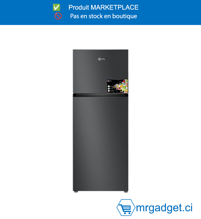 Réfrigérateur ATL 420L Total No Frost  - 2 Portes avec Congélateur Haut - Finition Inox & Silver - Serrure de Sécurité Incluse - Grande Capacité & Design Élégant - Modèle ATL-2D490N