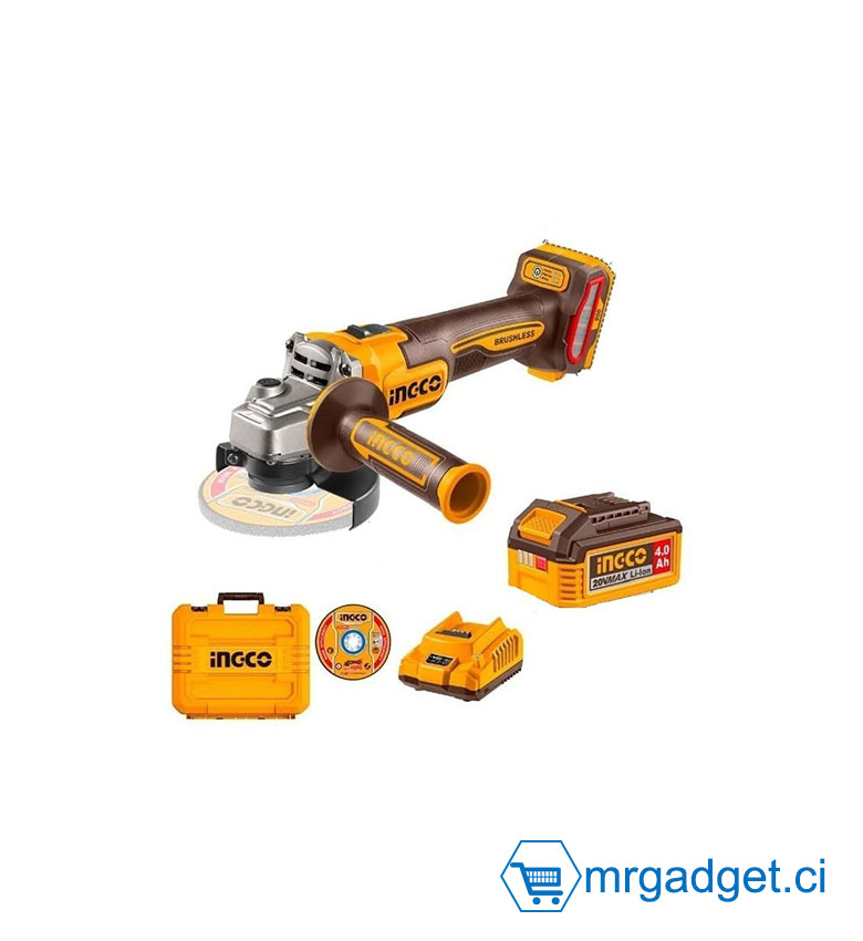 INGCO CAGLI261522 - Meuleuse Angulaire Sans Fil 20V - Moteur Brushless 900W - Disque 115mm - Pack Complet avec 2 Batteries 4Ah, Chargeur Rapide et Coffret de Transport - Idéal Meulage, Ponçage et Découpe