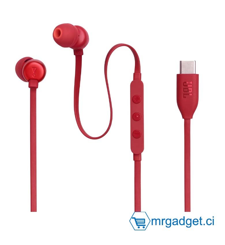 JBL Tune 310 C, Écouteurs filaires Hi-Res, son Pure Bass JBL, connexion USB-C, câble plat anti-nœuds, télécommande à trois touches avec microphone, en Rouge- Ecouteur pour iphone 15 / 16 , Samsung Galaxy...