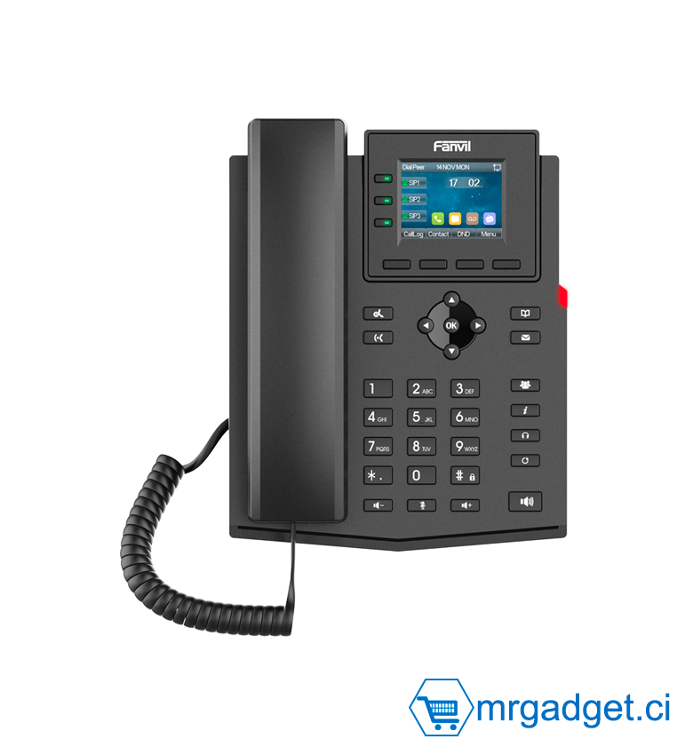 Fanvil X303W, Téléphone IP d'entreprise Wi-Fi 2,4 GHz et 5 GHz intégré - 4 Comptes SIP - Ecran Couleur 2.4" (320 X 240) - Wi-Fi 2.4GHz & 5GHz intégré - Conférence locale à 6 participants - EHS - 2 X 10/100
