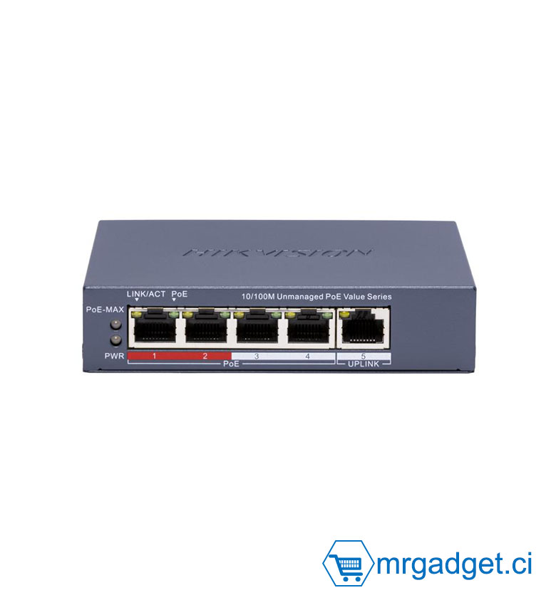 Hikvision DS-3E0105P-E/M(C) - Switch PoE 5 Ports 10/100 Mbps - 4 Ports PoE + 1 Uplink - Budget PoE 38W - Transmission Longue Distance 250m - Idéal pour Kit de 4 Caméras de Vidéosurveillance IP