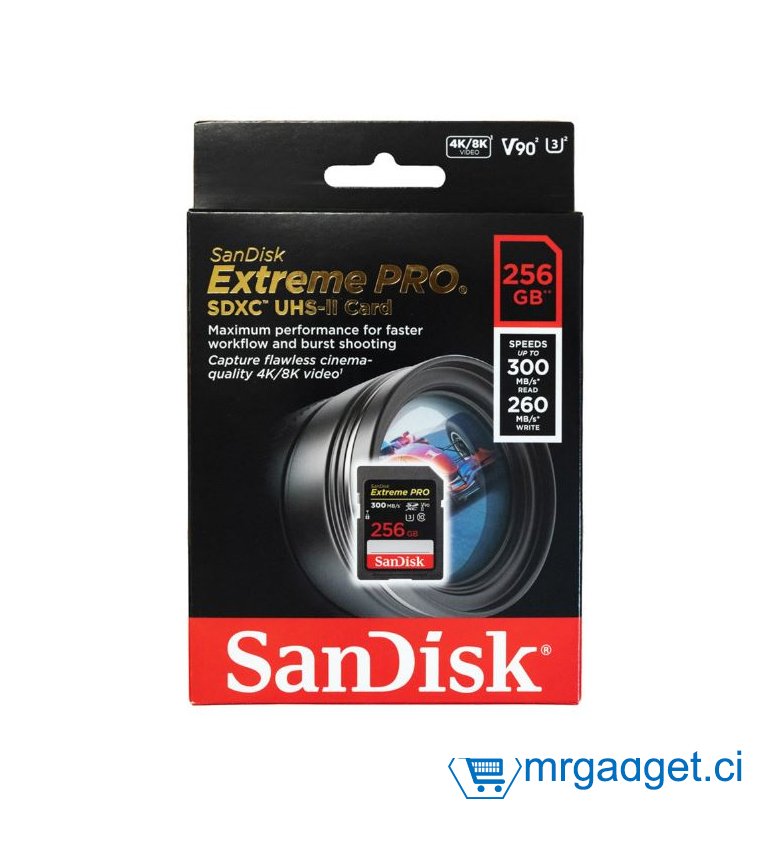 Carte mémoire SDXC SanDisk Extreme PRO 256 Go jusqu'à 300 Mo / s, UHS-II, Classe 10, V90, U3