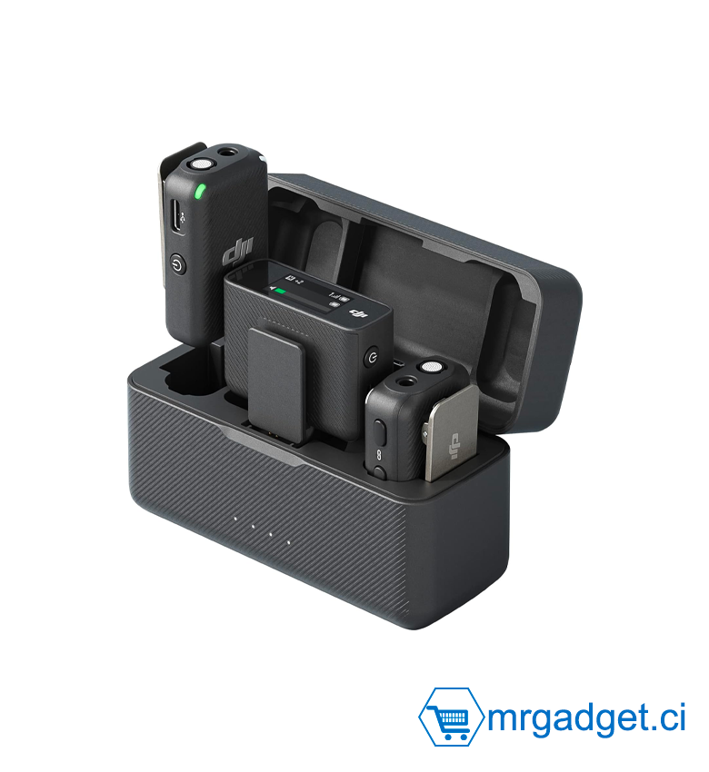 DJI Mic (2 TX + 1 RX + Boîtier recharge) - Compact et Portable micros Lavalier sans Fil à Enregistrement à Double Canal, Transmission à 250 mètres, 15 heures, Système pour Smartphones, caméras