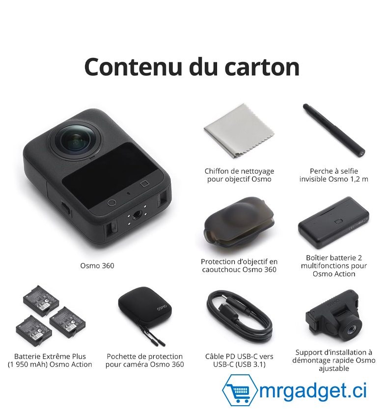DJI Osmo 360 Adventure Combo - DJI Bundle Aventure Osmo 360, caméra 360 avec imagerie 360° de 1 Pouce, autonomie de Batterie prolongée avec 3 Batteries, vidéo 360° en 8K Native, caméra d’Action pour Sports, vlog