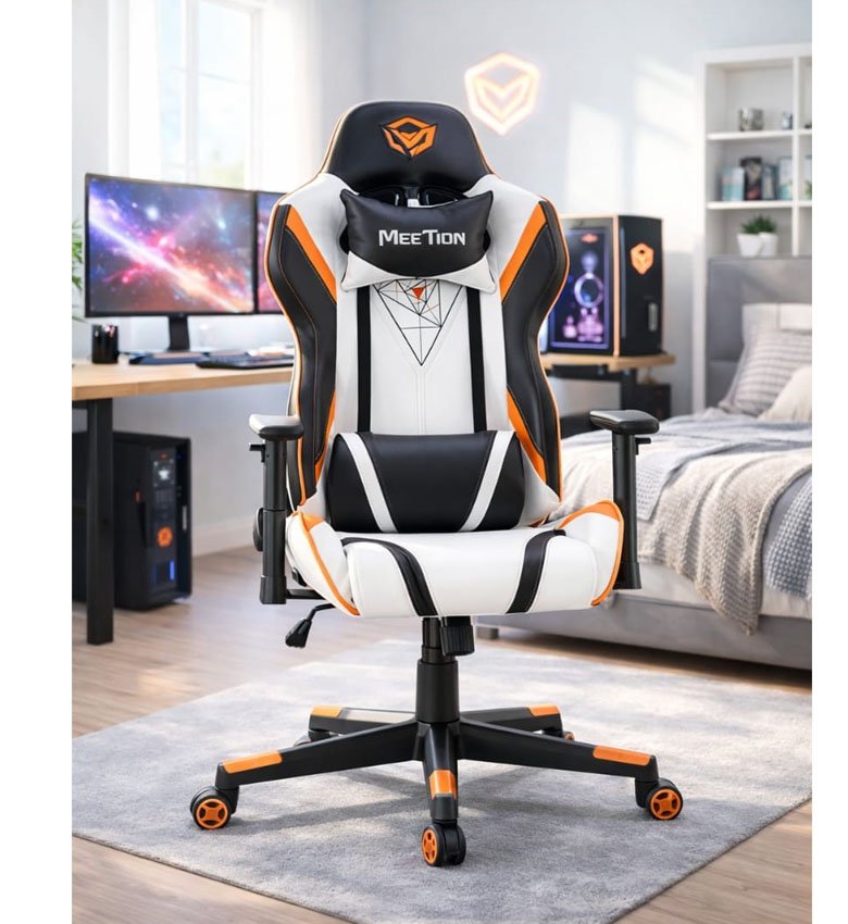 Meetion Chaise Gamer Pro CHR15 Blanc 180° Confort Absolu pour Bureau et Maison - Siège de bureau - Fauteuil Gamer -  Noir+Blanc+orange
