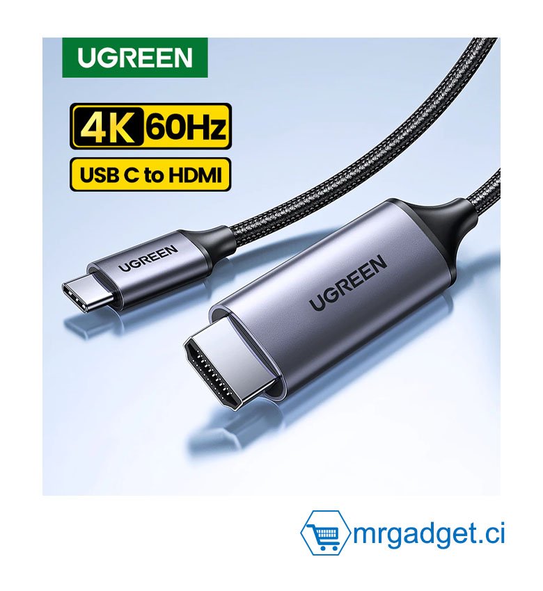 UGREEN Câble USB C vers HDMI, USB 3.1 Type C Thunderbolt 3 vers HDMI 4K 60Hz UHD Adaptateur Convertisseur Coque en Aluminium Compatible avec iPad Mini 6,Macbook Pro 2021,S9 S8, Huawei P20 Mate 20    150cm #10029