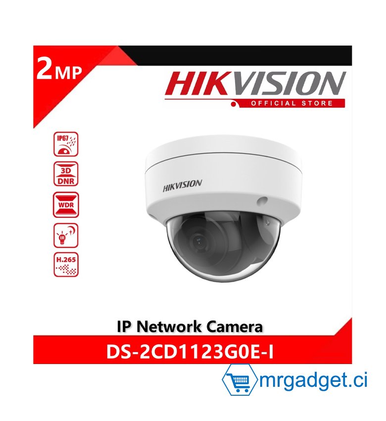 Hikvision DS-2CD1123G0E-I - Caméra de surveillance 2MP H265+  vision de nuit 30 mètres - Caméra réseau à dôme fixe 2 MP - Résistant à l'eau et à la poussière (IP67) et anti-vandalisme (IK10)