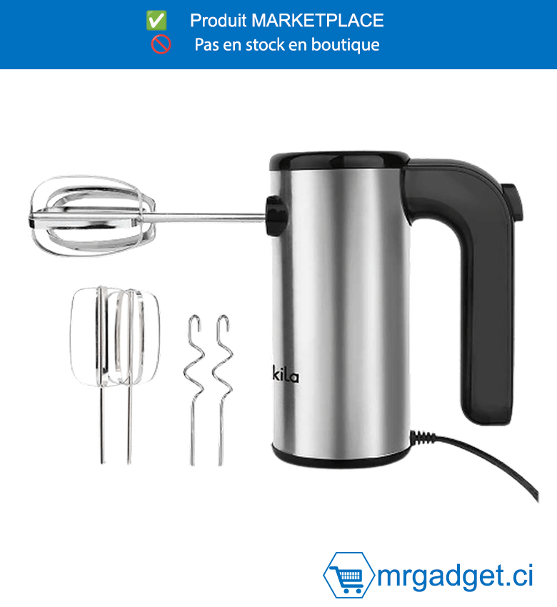 DECAKILA- KEMX009M-BATTEUR ELECTRIQUE INOX200W/VITESSE MAX 5 +2PCS, 5 vitesses avec éjection Avec 2 batteurs et crochets pétrisseurs Boîtier  en acier inoxydable Avec conception autonome  pour un rangement pratique Emballé par boîte  de couleur